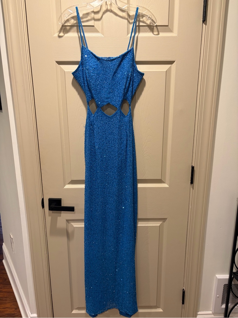 Scala Blue Sequin Cutout Spaghetti-Strap Evening Gown